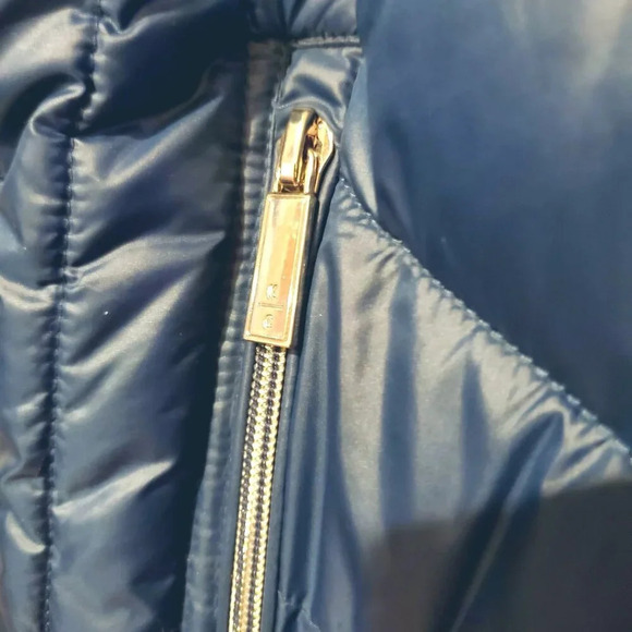 NWT Kenneth Cole Blue Gray Bib Front Zip Hooded Puffer Jacket Petrol L - Picture 10 of 16